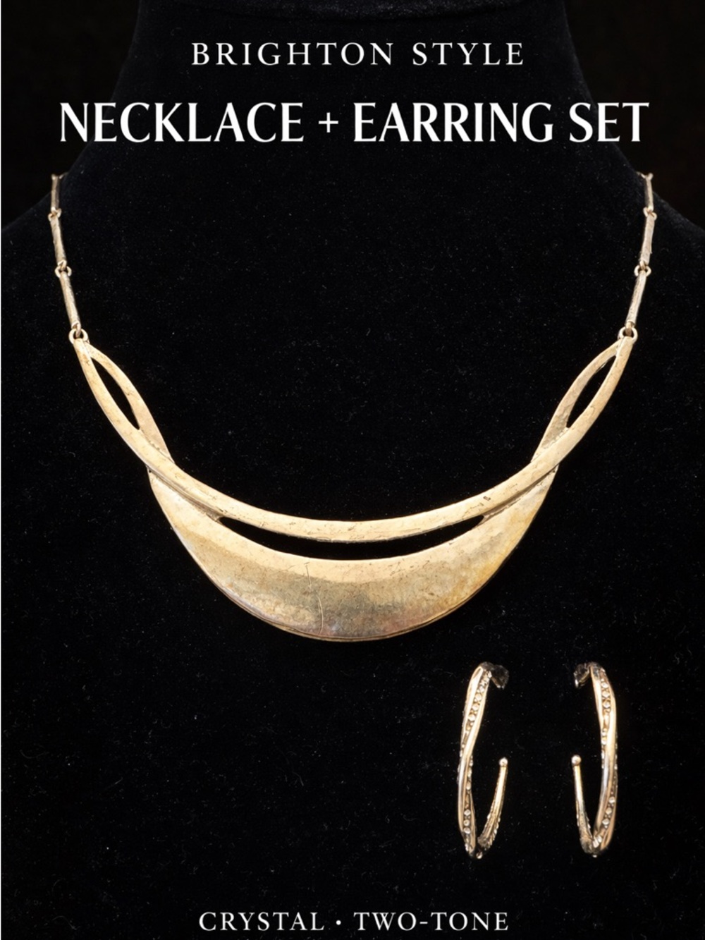 Brighton Vtg Bumblebee Necklace + Crystal Hoop Earring Set Silver Tone Statement